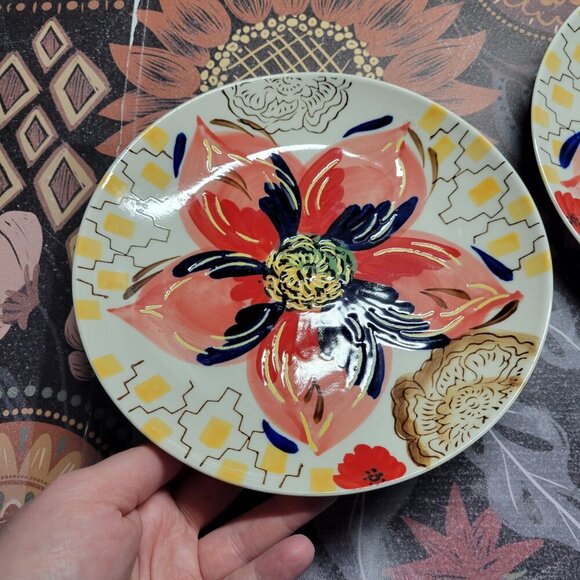 Gracie's Teaware Red Black Yellow Floral 8 Inch Set of 2 Tea Pastry Plates - Picture 2 of 9